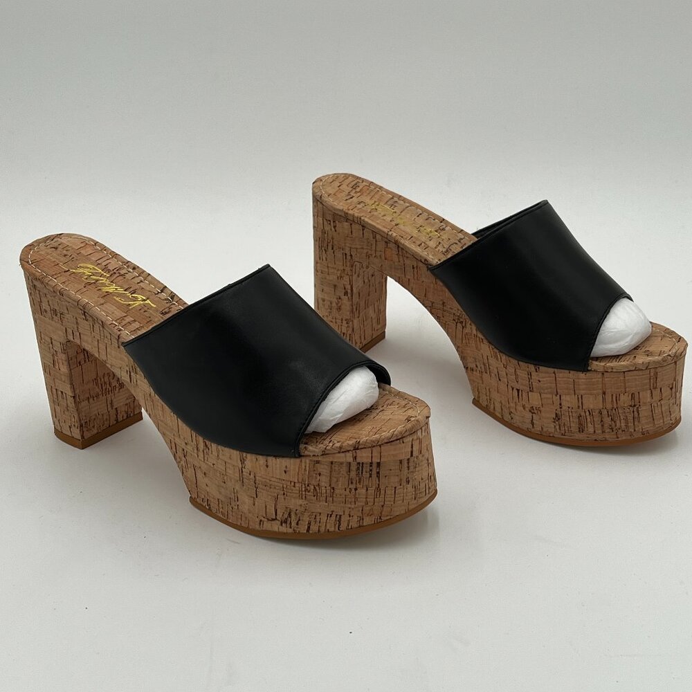 FOWT Black Cork High Chunky Heel Backless MulesPlatform Open Toe Sandals - Picture 4 of 6